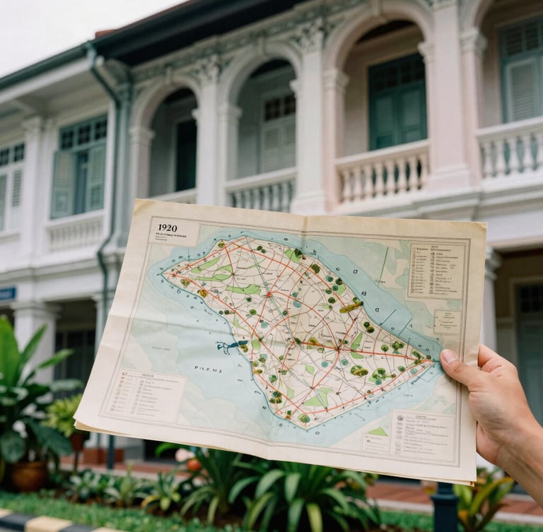 A close-up of a hand holding an archival map from 1920 against a backdrop of historic shophouse columns in Singapore, diffused natural daylight, rich tropical greens, 35mm