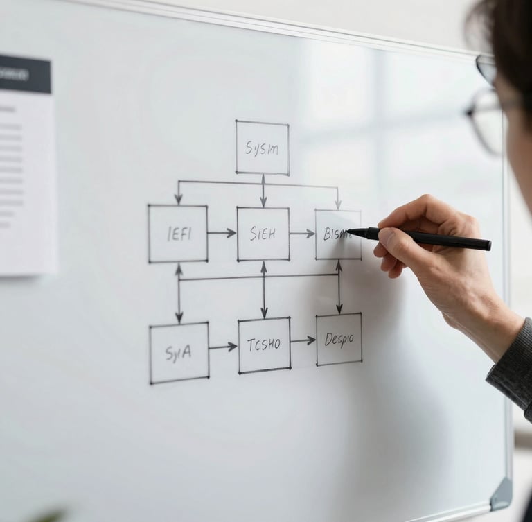 Close-up of hands sketching a clear system architecture diagram on a physical whiteboard in a bright modern workspace with crisp shadows.