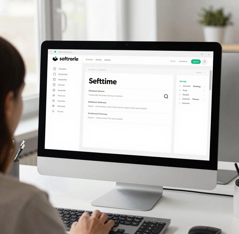Over-the-shoulder view of a clean software interface mockup on a desktop monitor, bright modern workspace, natural daylight, sharp focus, minimalist tech aesthetic