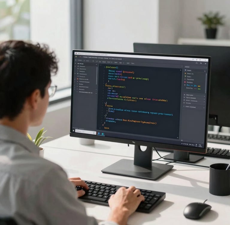 Over-the-shoulder view of a developer reviewing clean code on a high-resolution monitor in a bright, sunlit Florida office.