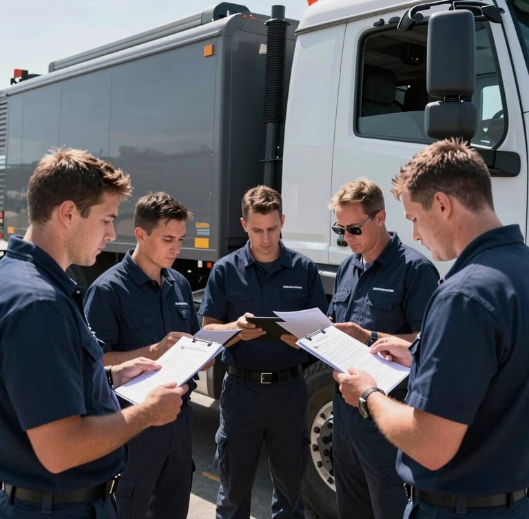 Professional field team members in operational gear, conducting a pre-deployment checklist beside a heavy-duty fleet vehicle, bright midday light, high contrast, sharp focus, technical and operational realism, 35mm lens