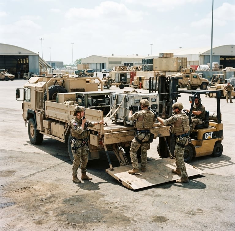 Wide shot of a specialized logistics vehicle being loaded by a team in professional operational gear, bright midday daylight, high contrast, sharp focus, technical and operational realism, 35mm lens