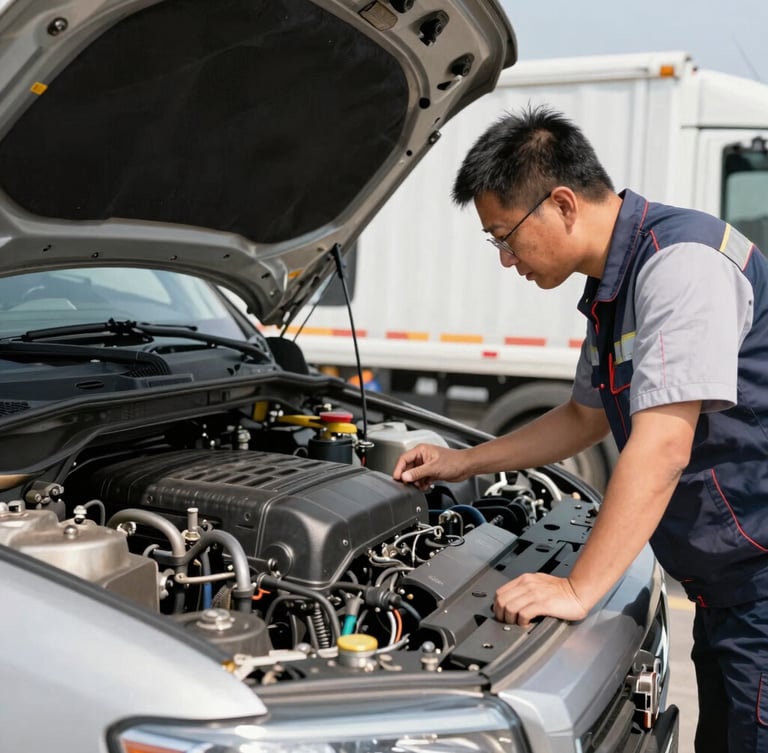 Medium-close shot of a professional team member in operational gear inspecting a heavy-duty logistics truck's engine bay, bright midday daylight, high contrast, sharp focus, technical realism, 35mm lens.