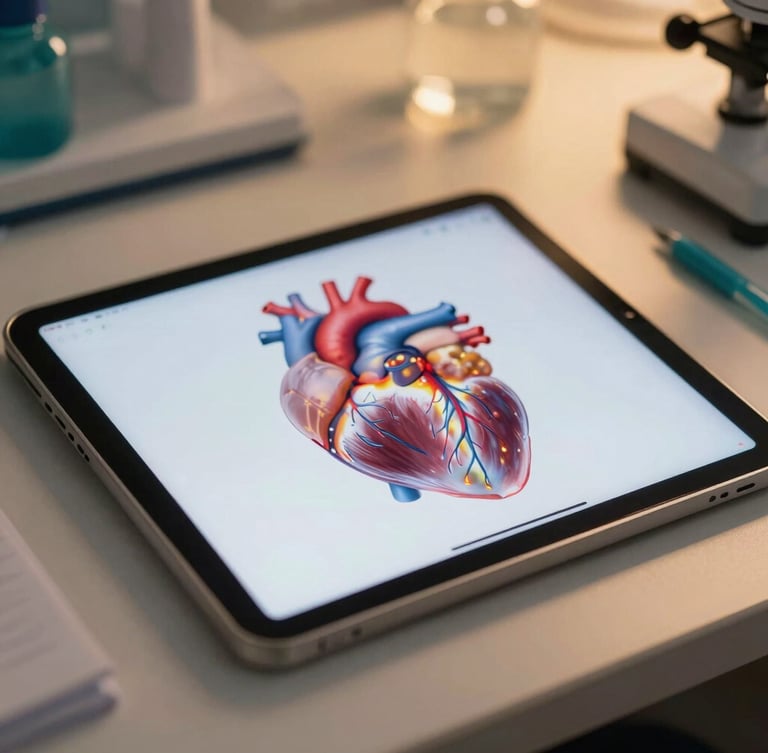 Macro photographic view of a beautifully organized clinical study desk, a glowing anatomical heart illustration on a tablet screen, warm gold backlighting, clean teal accents, shallow depth of field.