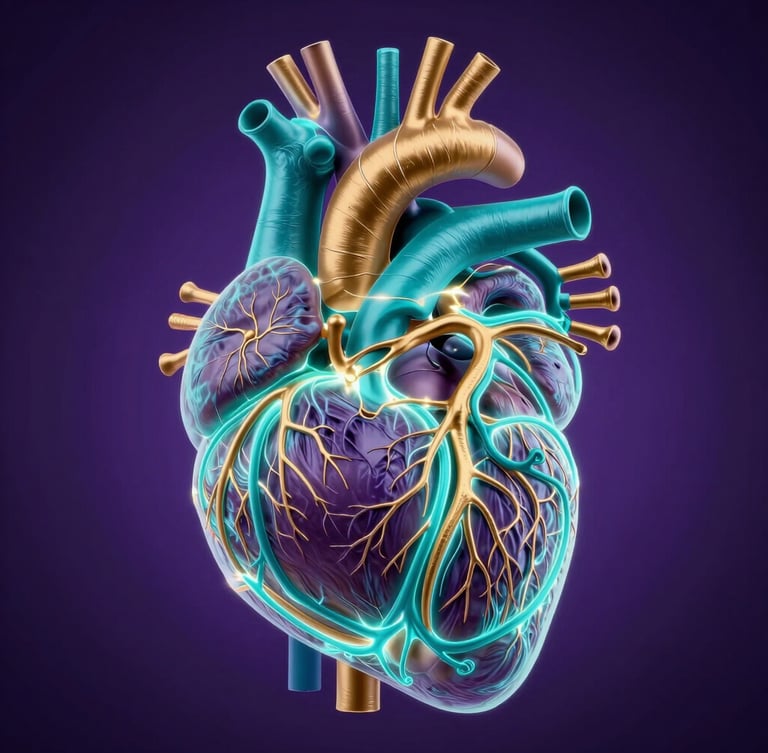 High-contrast anatomical illustration of the human cardiovascular system, glowing teal and gold pathways on a deep purple background, sharp clinical diagram style.