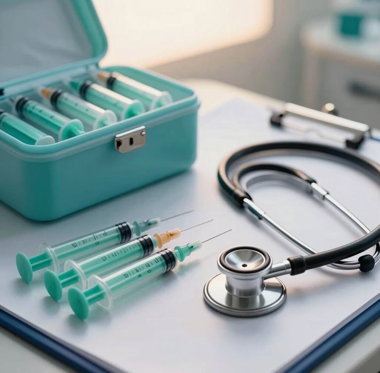 Macro studio photograph of a beautifully organized clinical nursing kit, color-coded teal syringes, stethoscope laid neatly on a white medical chart, soft luminous backlighting.