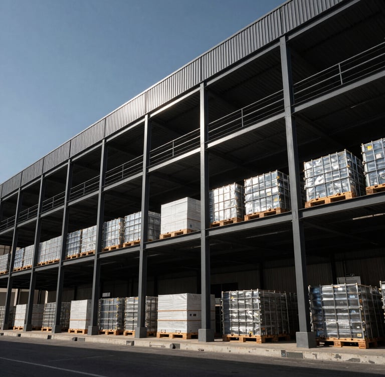 Low-angle architectural shot of a massive modern logistics warehouse in Dubai, harsh natural sunlight highlighting structured steel frames and neat rows of bulk material pallets, high contrast