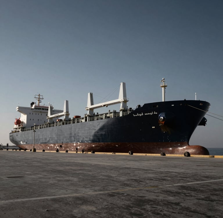 Wide-angle dramatic industrial photography of a massive cargo vessel docked at a Dubai port under harsh natural daylight, high contrast, deep slate and steel tones, 35mm