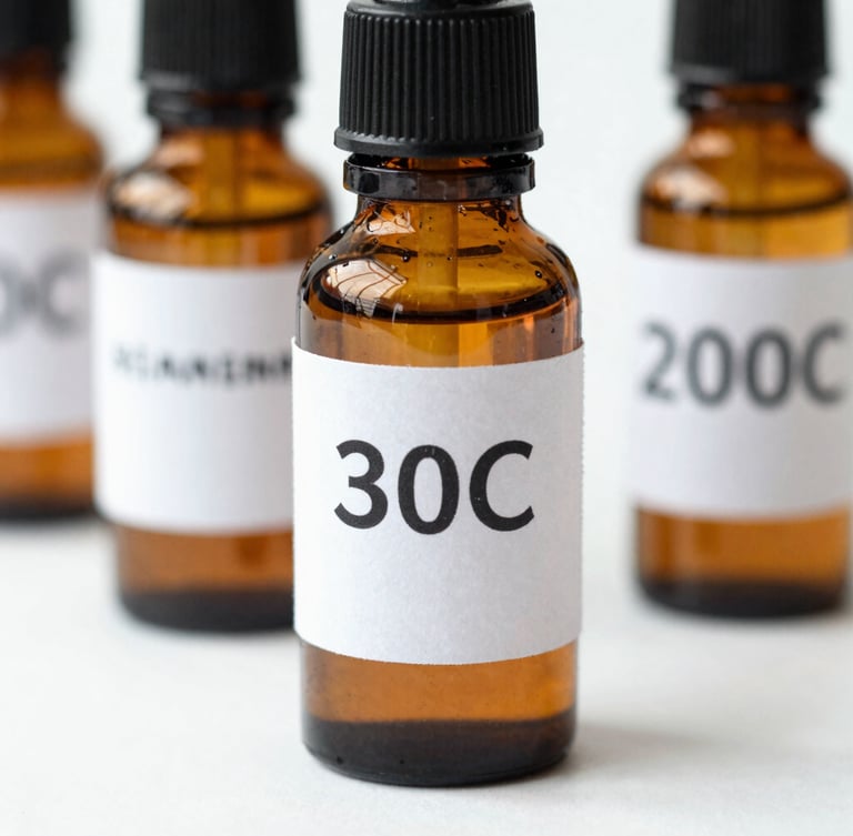 Crisp close-up of amber glass homeopathic dilution bottles, one labeled '30C' and another '200C', on a clean white background under soft studio lighting, sharp focus, 50mm lens.