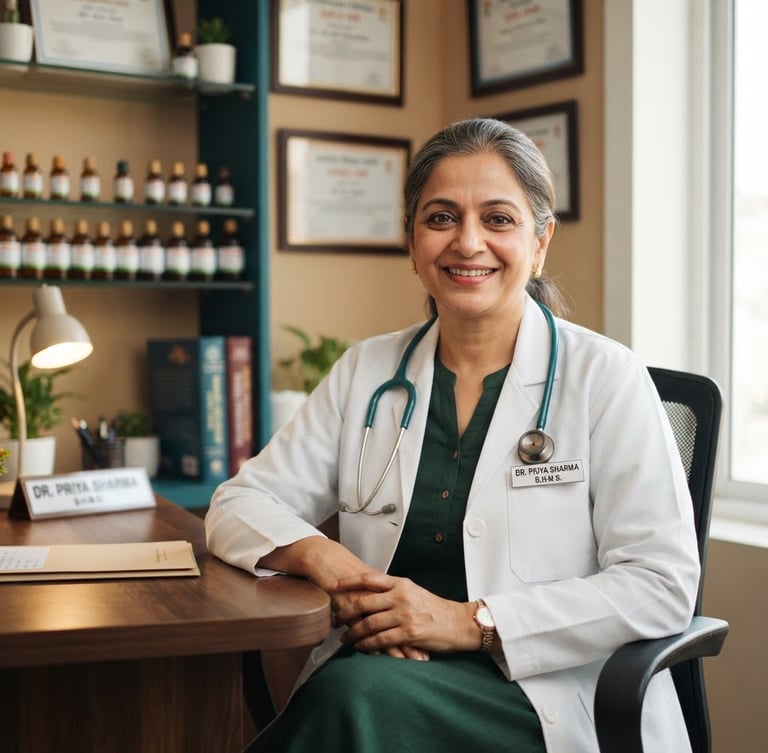 Professional portrait of a registered Indian homeopathic doctor in a clean clinical office, soft natural daylight, wearing a white coat with a stethoscope, warm and reassuring expression, sharp focus.