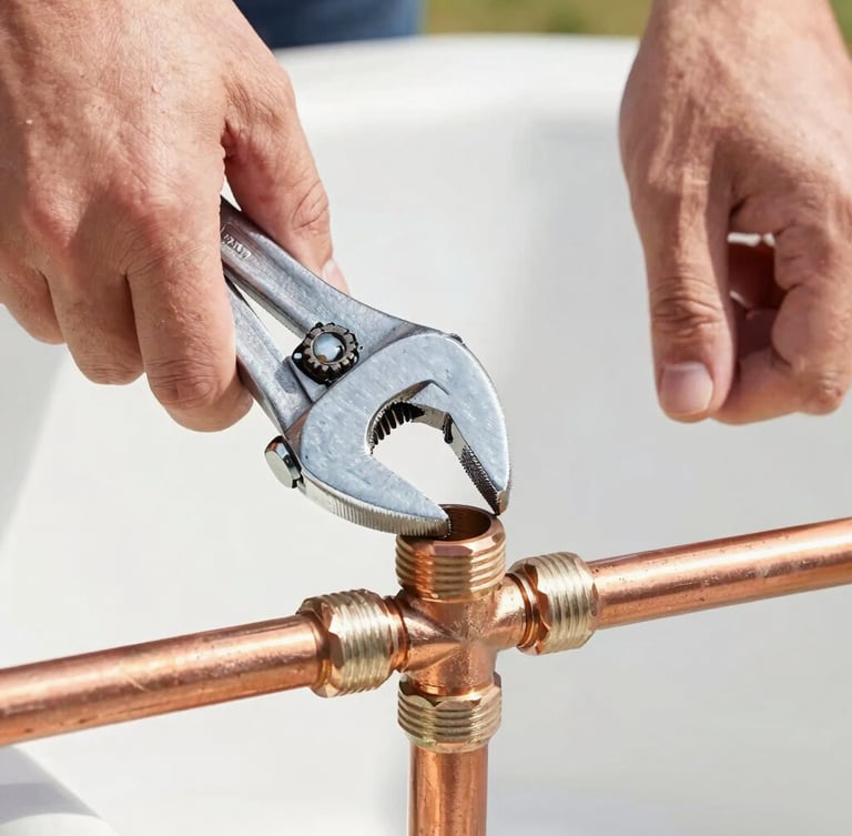 Close-up of professional plumbing wrench adjusting a copper pipe fitting, bright daylight, sharp focus on hands and metal tools, 35mm