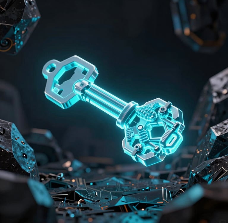 A high-fidelity 3D render of a glowing electric cyan cryptographic key node, suspended in a dark obsidian space with sharp technical light and dramatic shadows.
