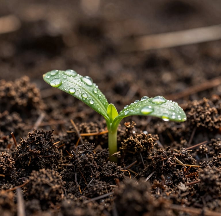 Macro detail of dark textured organic soil with a single vibrant green sprout covered in morning dew, soft diffused daylight, high contrast natural shadows, 35mm photography