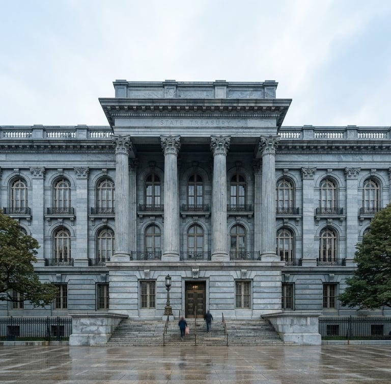 Wide architectural angle of a classic state treasury stone facade, cool neutral daylight, desaturated slate tones, sharp focus, 35mm