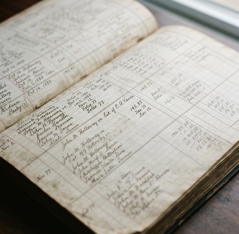 Macro shot of a vintage legal ledger with handwritten entries, cool daylight, desaturated slate tones, sharp focus, 35mm