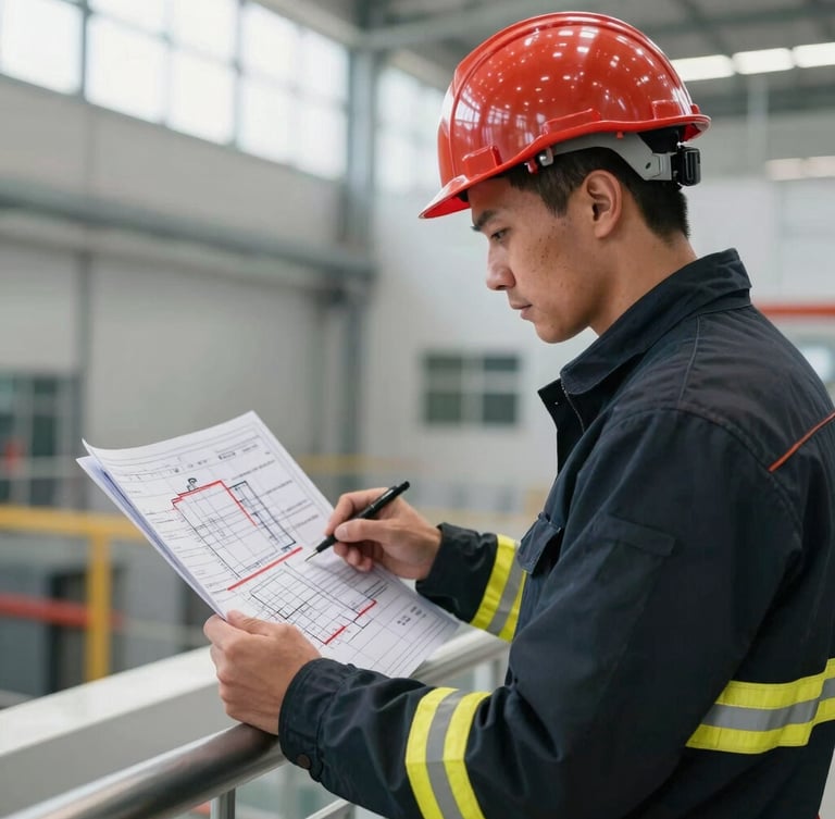 Professional engineer reviewing a technical fire evacuation blueprint in a modern facility, natural light, sharp focus