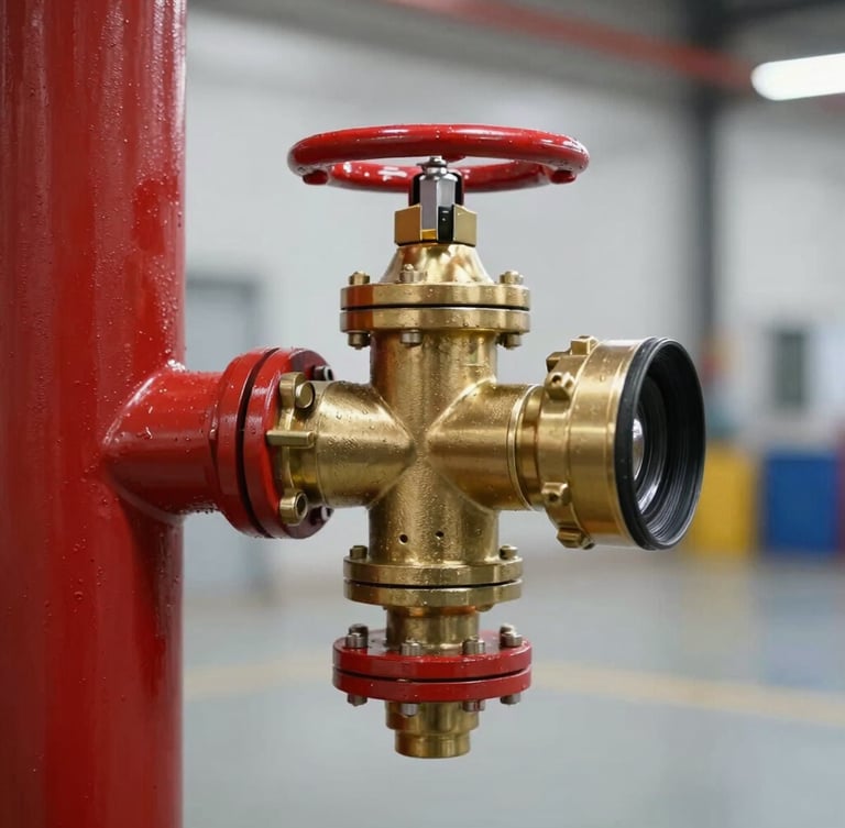 Close-up of a brass industrial fire sprinkler head mounted on a red steel pipe, clean industrial warehouse background, sharp technical details, 35mm lens.