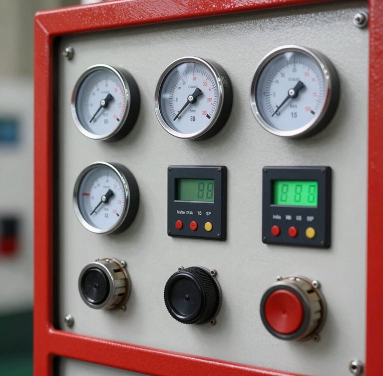 Close-up of a technical fire safety control panel with pressure gauges, digital display showing green status, red metal casing, sharp industrial photography.