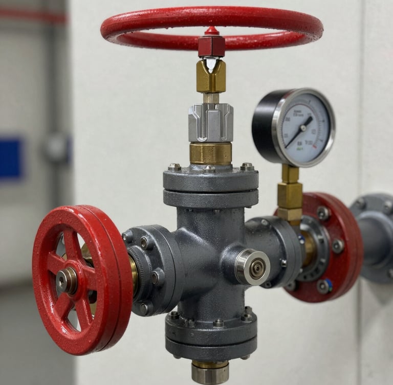 Close-up of a certified industrial fire sprinkler head and pressure gauge system, clean daylight, technical photography