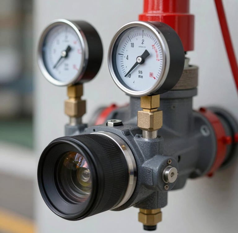 Close-up of a certified industrial fire sprinkler system head, clean pressure gauges, sharp technical details, daylight lighting, 35mm lens