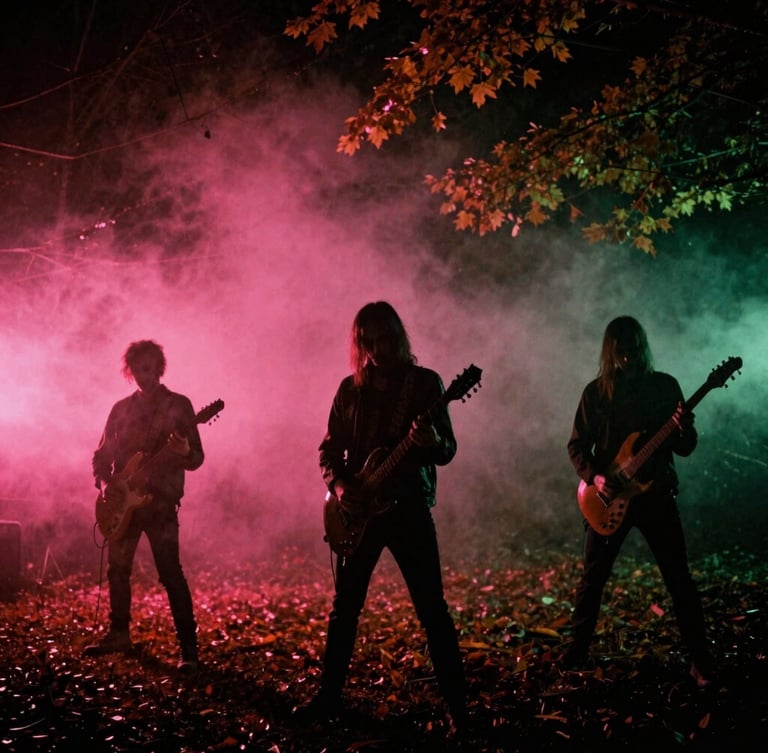 Misty autumn woods at night, silhouettes of horror-punk musicians holding instruments, glowing pink fog, 35mm cinematic lighting