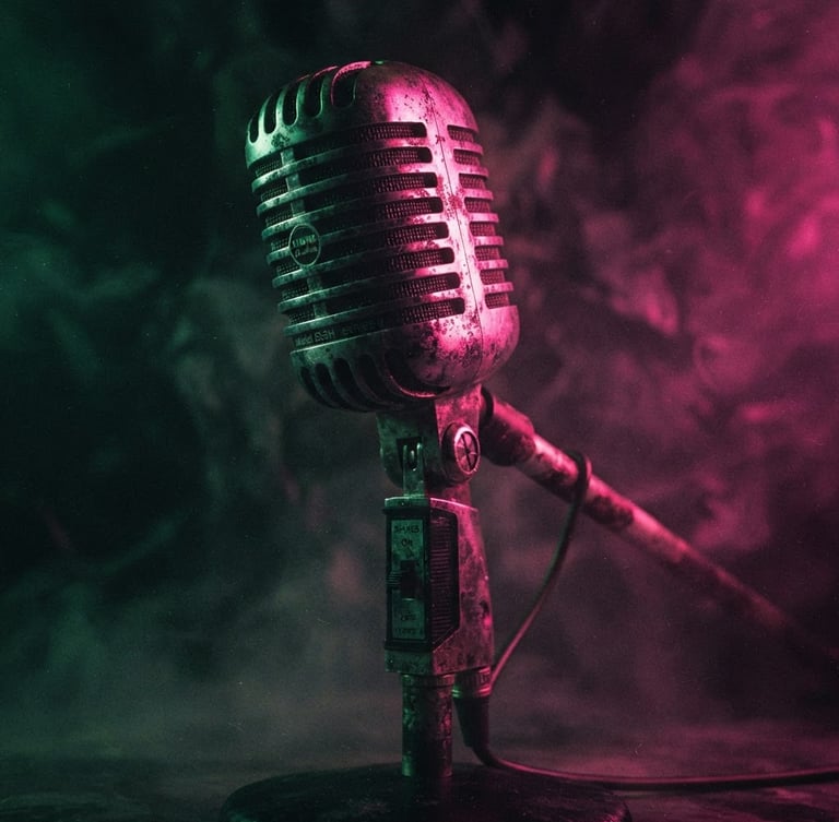 Low-angle dramatic shot of a glowing vintage analog radio microphone under harsh neon pink and green lights, thick fog, heavy film grain, 35mm