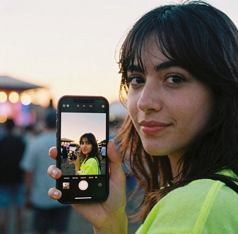 Close-up portrait of a young woman holding a smartphone showing the PicFil app interface with a shared photo roll, warm golden hour festival sun in the background, candid raw 35mm film aesthetic.