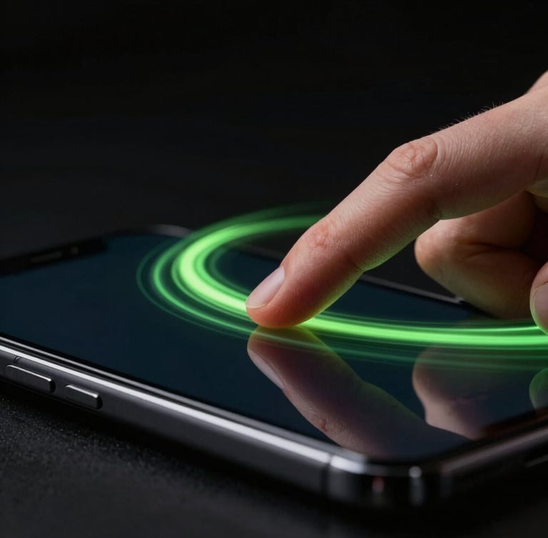 Macro close-up of a finger swiping across a dark smartphone screen, fluid neon green trail following the gesture, high contrast, OLED black background