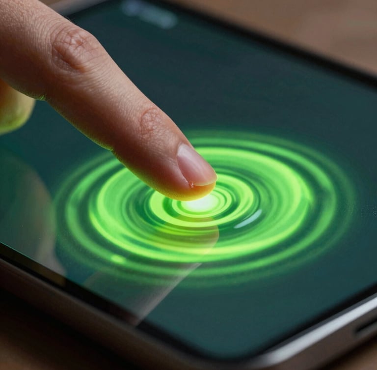 Extreme macro close-up of a finger touching an OLED screen, a neon green fluid ripple expanding from the contact point with high-fidelity physics rendering.