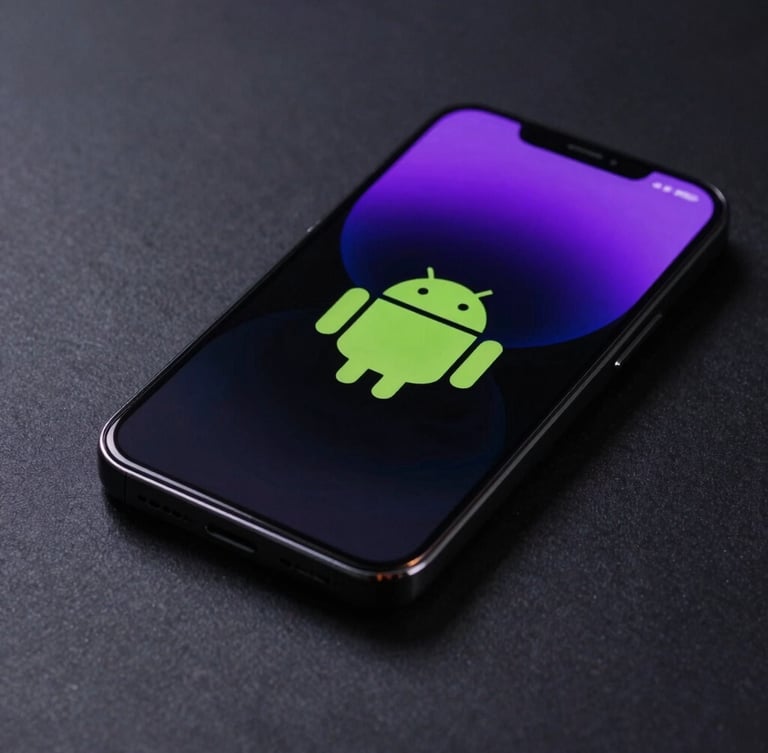 Extreme macro 3D render of a sleek black Android phone displaying a minimalist custom widget with glowing neon green borders on a matte dark surface, intense OLED screen glow casting violet light