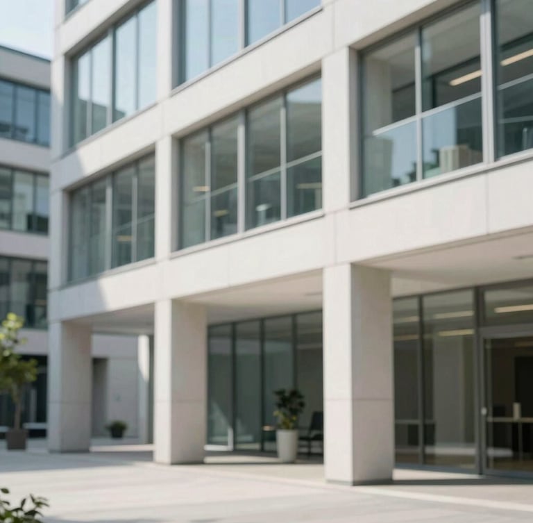 Modern Swiss office building interior with clean architectural lines, bright natural daylight, sharp focus