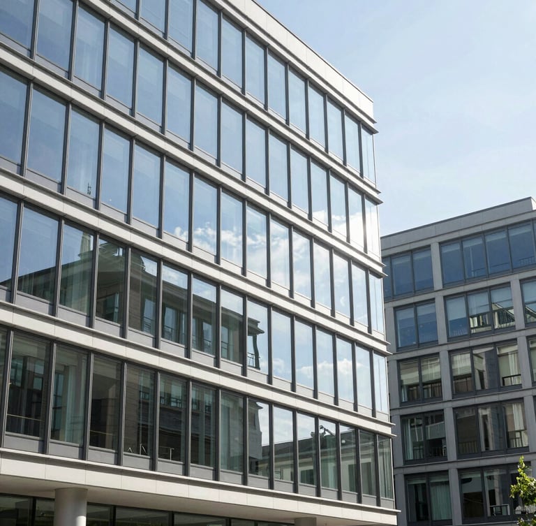 Modern Swiss architectural details of glass and steel office building in Zurich, bright natural daylight, sharp focus