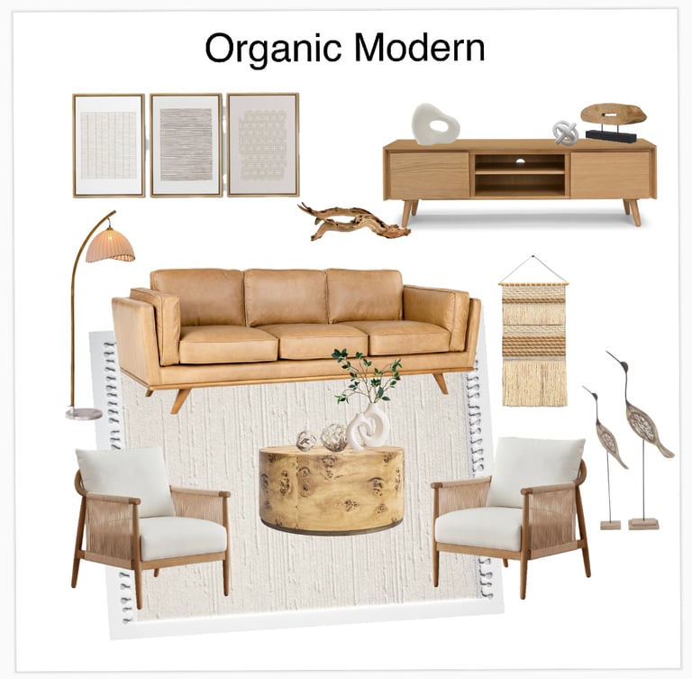 Premade mood board organic interior design, affordable interior design, modern design