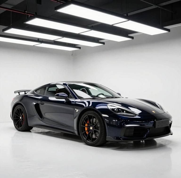 An immaculate, organized detailing bay with clean white floors, specialized overhead LED lighting arrays, and a polished sports car, crisp automotive photography