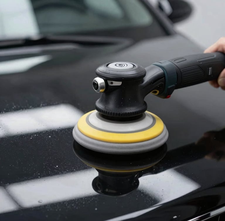 Extreme close-up of a dual-action polisher on a flawless black car hood, vivid reflections under bright studio lighting, 35mm