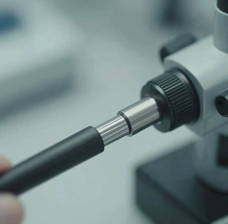 Macro sterile clinical photography of high-precision laboratory instruments, cool desaturated teal and slate gray lighting, clean-room environment.