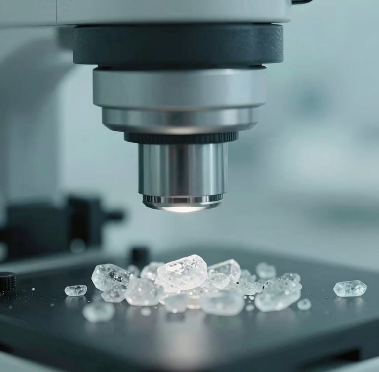Extreme close-up of a high-magnification laboratory instrument analyzing crystalline compounds, cool sterile teal lighting, desaturated slate tones, high-contrast details