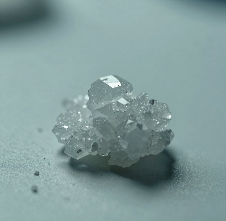 Macro clinical photography of crystalline compounds under cool diffused laboratory light, sharp high-contrast shadows, sterile teal tones.