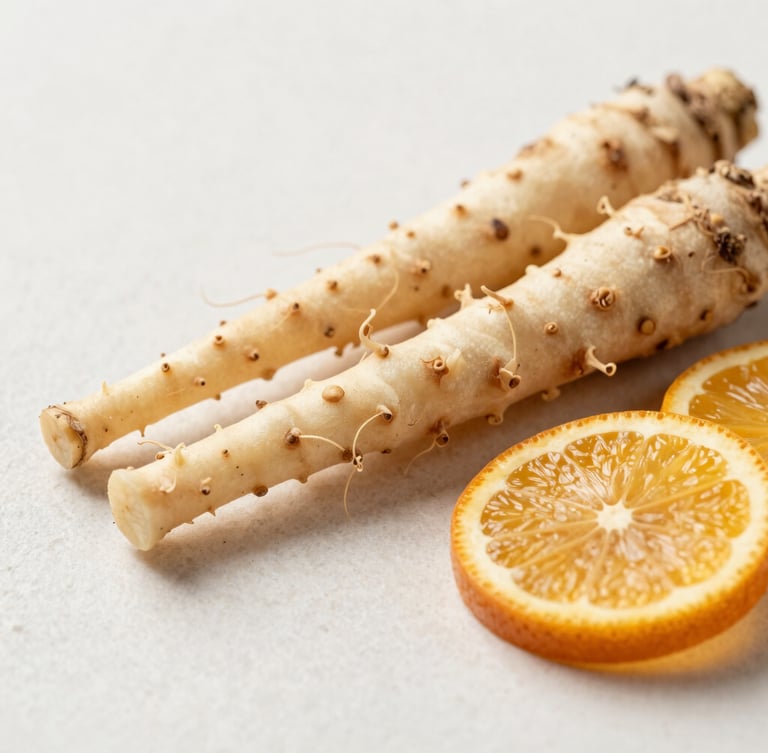 A close-up macro shot of raw vetiver roots and sliced amber citrus on a clean light stone surface, bright diffused north-facing daylight, warm amber tones, 35mm