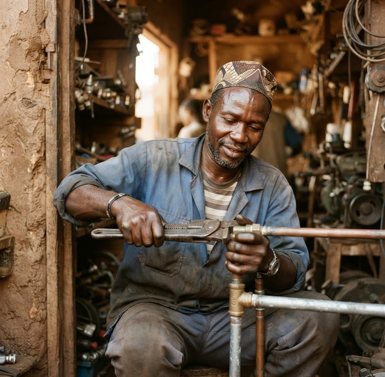 Warm portrait of a local artisan (e.g., plumber, electrician) in West Africa, working with tools, natural sunlight, 35mm, rich earth tones, authentic expression, focused on hands and face.