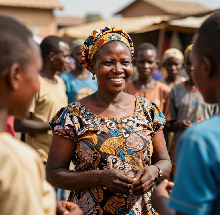 Portrait of a smiling West African woman, a local community leader, engaging with a group of people in a vibrant market setting, natural sunlight, warm and inviting atmosphere.
