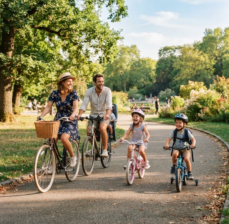 A happy French family riding bicycles together on a sunlit path in a green park, bright natural daylight, warm friendly tones, 35mm photography