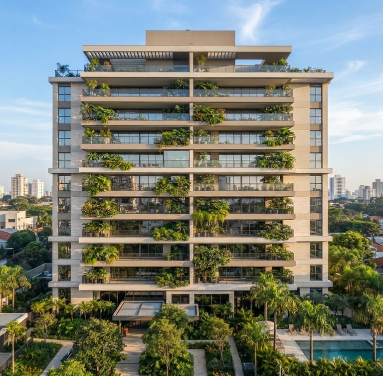 Fachada moderna e elegante do Residencial Parque em Guarulhos, com sacadas amplas e vegetação, sob luz natural da manhã, estilo arquitetônico limpo e sofisticado.