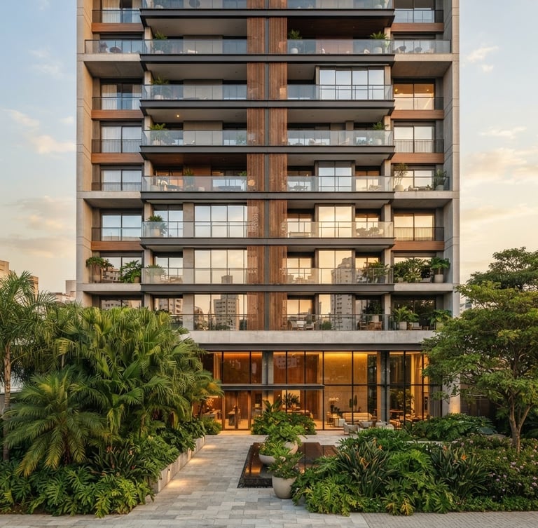 Wide shot of a modern apartment building facade in Guarulhos at golden hour, clean lines, large windows reflecting the sky, with lush tropical landscaping in the foreground. Architectural photography, soft natural light.