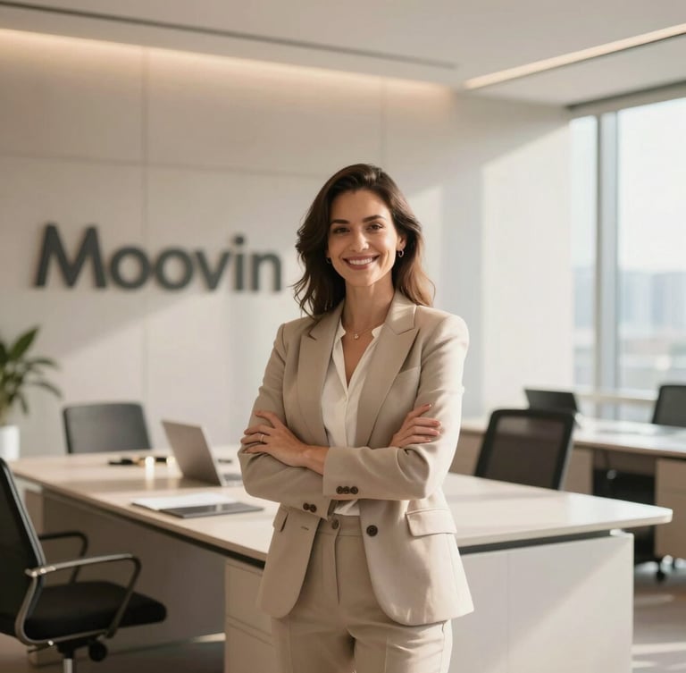 Retrato de uma corretora de imóveis da Moovin sorrindo, em um escritório moderno com luz natural, transmitindo confiança e profissionalismo.