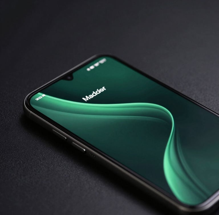 Angled macro shot of a premium Android flagship screen displaying a dark mode custom Material Design UI with sharp emerald green accents and fluid motion blur, low-key moody studio lighting