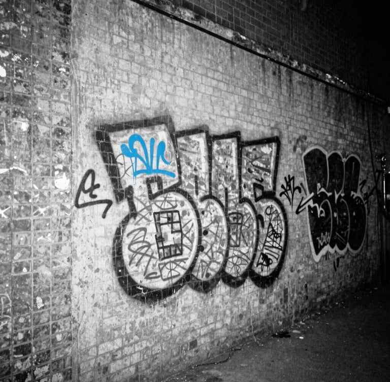 Harsh direct-flash black and white photograph of a concrete East London alleyway at night, electric blue graffiti tag on the brick wall, gritty 35mm film grain