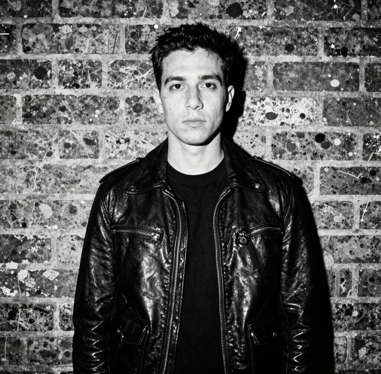 High-contrast monochrome photo of a creator in a leather jacket standing against a gritty brick wall in East London, harsh direct flash, 35mm film grain