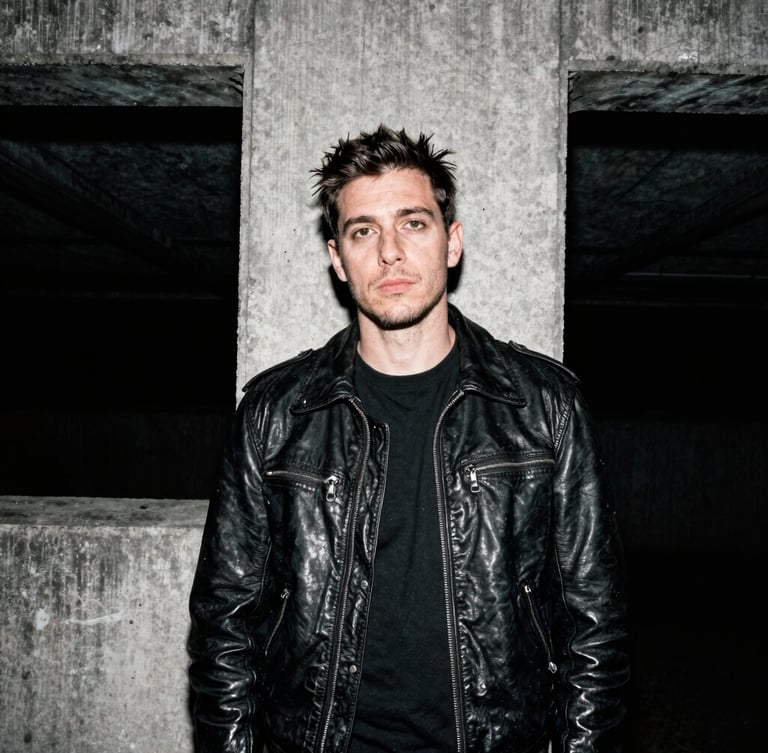 Candid portrait of a London creator with a heavy leather jacket standing in front of brutalist concrete, harsh direct flash, gritty 35mm film grain, high contrast.