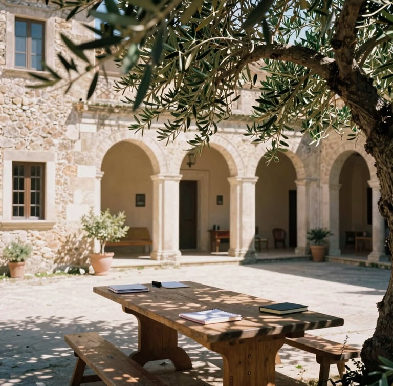 Warm editorial photography of a historic stone villa courtyard in Sicily, dappled Mediterranean sunlight through olive branches, a long wooden table with notebooks, soft focus, 35mm film.